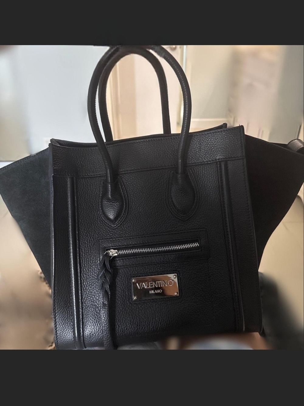 Valentino Black Leather Satchel with Front Zip and Plaque